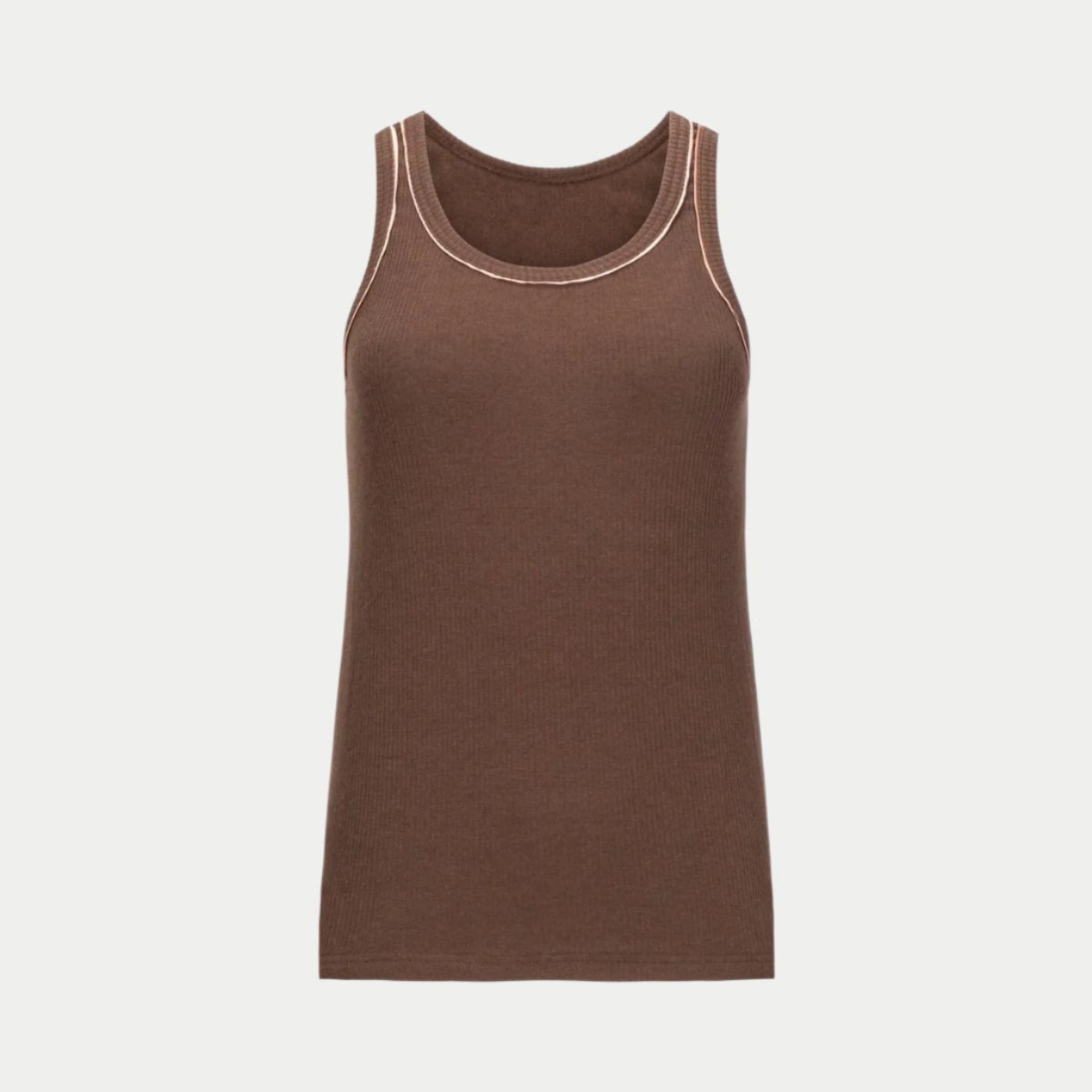 the winterized tank in chocolate front view by inlarkin showing the detailed sateen trim at the neckline and armhole