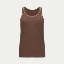  the winterized tank in chocolate front view by inlarkin showing the detailed sateen trim at the neckline and armhole