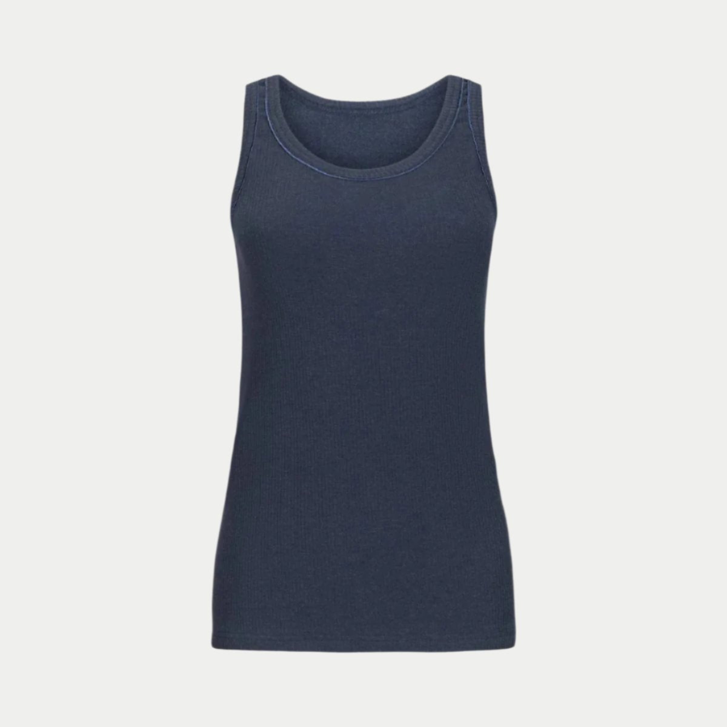 the winterized tank in navy by inlarkin front view showing the detailed sateen trim at the neckline and armhole