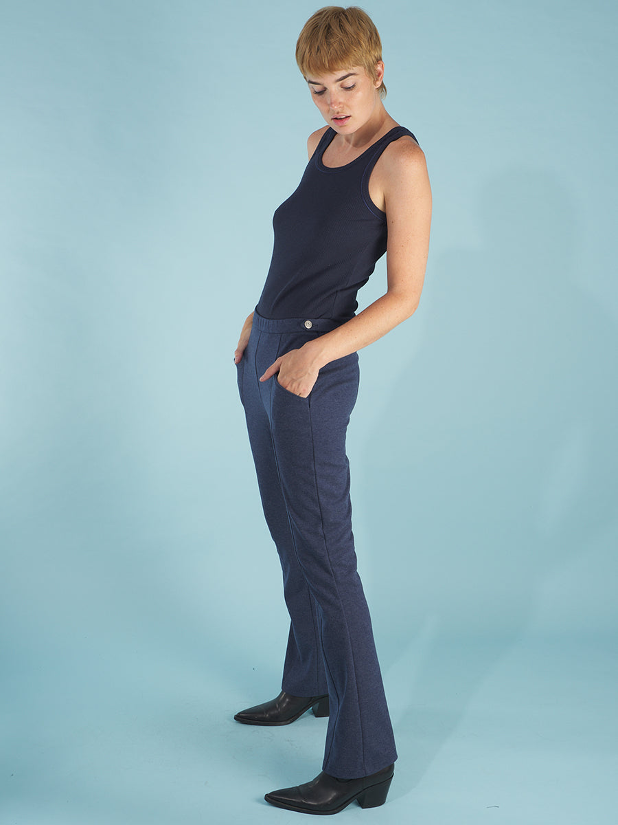 the winterized tank in navy by inlarkin paired with the sublime jean showing the versatility of the fit and luxe fabric