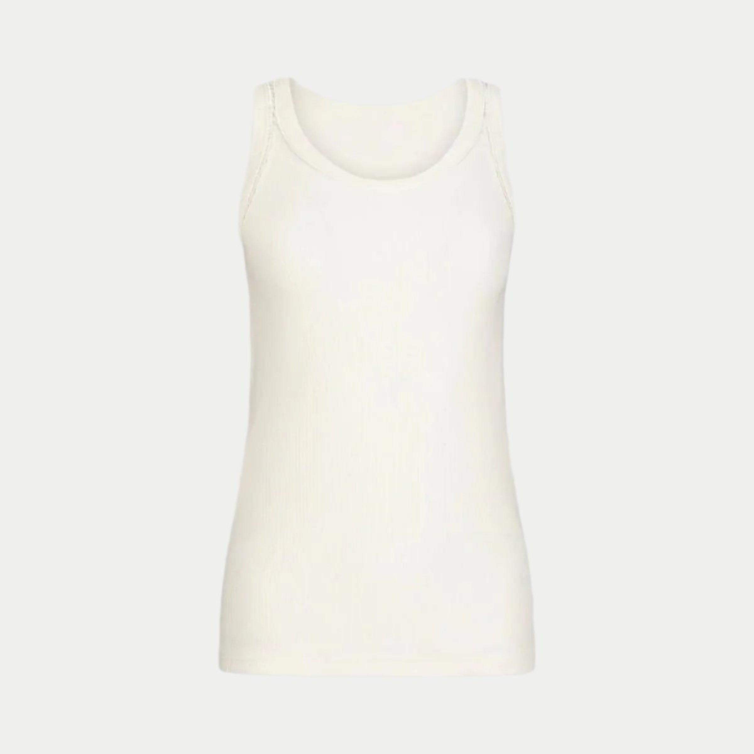 the winterized tank in white front view by inlarkin showing the detailed sateen trim at the neckline and armhole