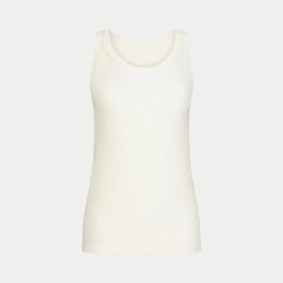 the winterized tank in white front view by inlarkin showing the detailed sateen trim at the neckline and armhole