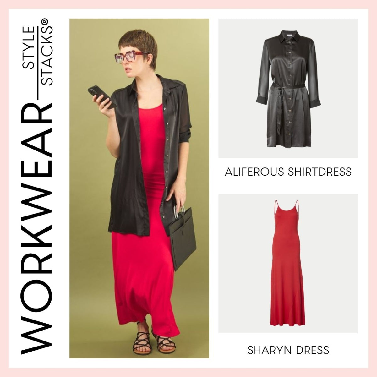 Woman wearing a red sharyn dress and black aliferous shirtdress by inlarkin with 'Workwear Style Stacks' branding.