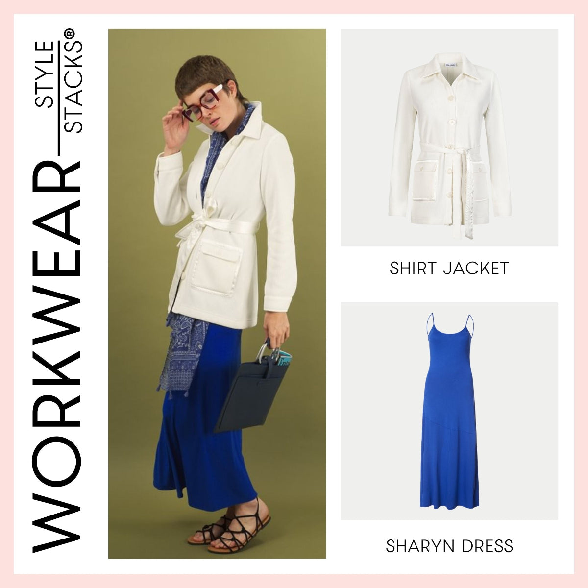 workwear style stacks by inlarkin featuring the shirt jacket and sharyn dress