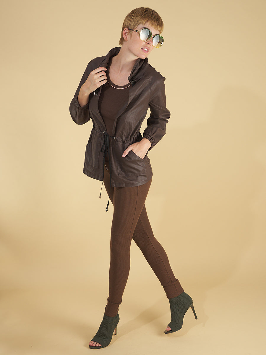 the zippie leggings by inlarkin in chocolate featuring a front zipper and ultra comfortable luxe fabric blend