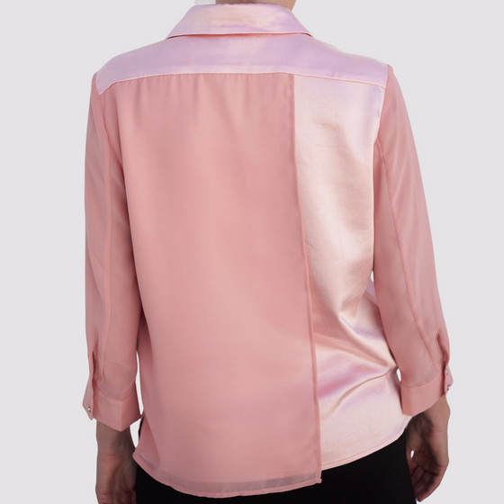 back view of the coral aliferous shirt by inlarkin detailing the front buttons and bracelet sleeve length and sheer sleeves