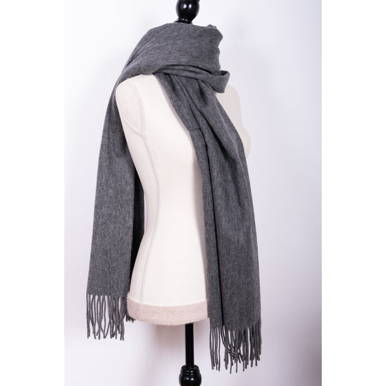blanket scarf in heathered grey by inlarkin made with 100% wool with fringed ends