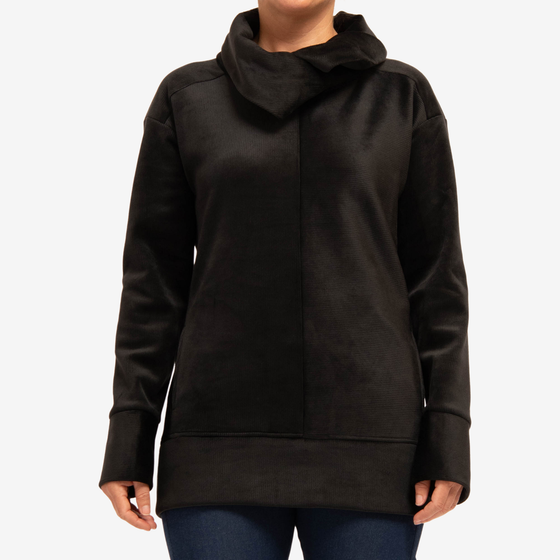 black cowl sweatshirt with wide sleeve cuffs and waistband, relaxed off the shoulder sleeves, and directional rib paneling