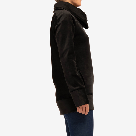 black cowl sweatshirt with wide sleeve cuffs and waistband, relaxed off the shoulder sleeves, pockets, and directional rib paneling