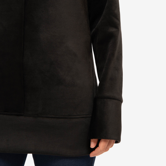 black cowl sweatshirt with wide sleeve cuffs and waistband and directional rib paneling