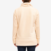 cream cowl sweatshirt with wide sleeve cuffs and waistband, relaxed off the shoulder sleeves, and directional rib paneling