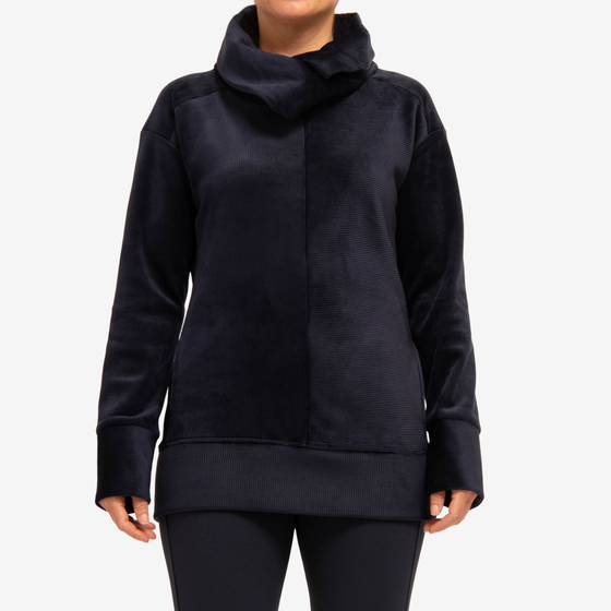 navy cowl sweatshirt with wide sleeve cuffs and waistband, relaxed off the shoulder sleeves, and directional rib paneling