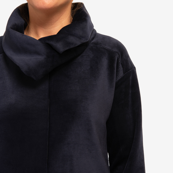 navy cowl sweatshirt with relaxed off the shoulder sleeves and directional rib paneling