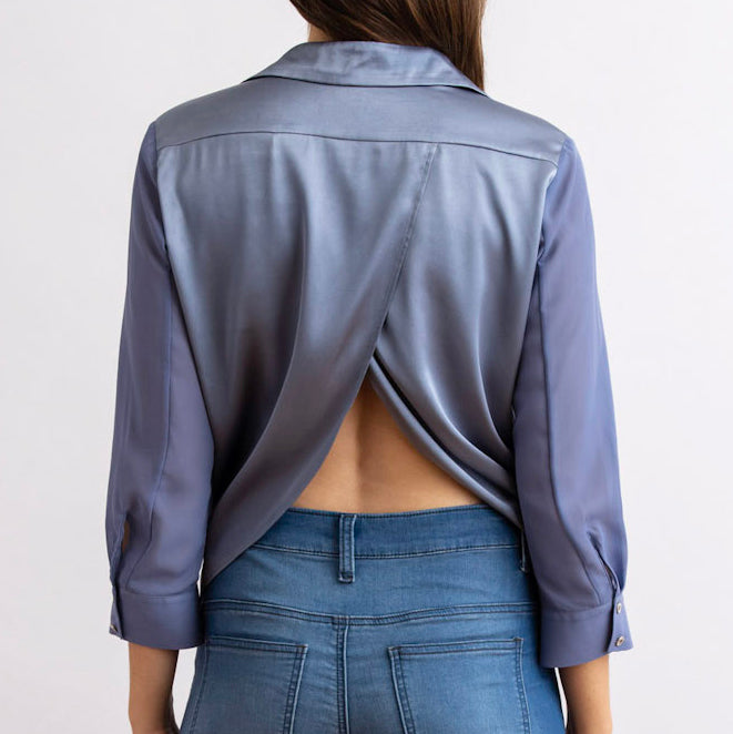 the flight shirt by inlarkin has a self-fabric lined yoke with an open tulip back for added flair