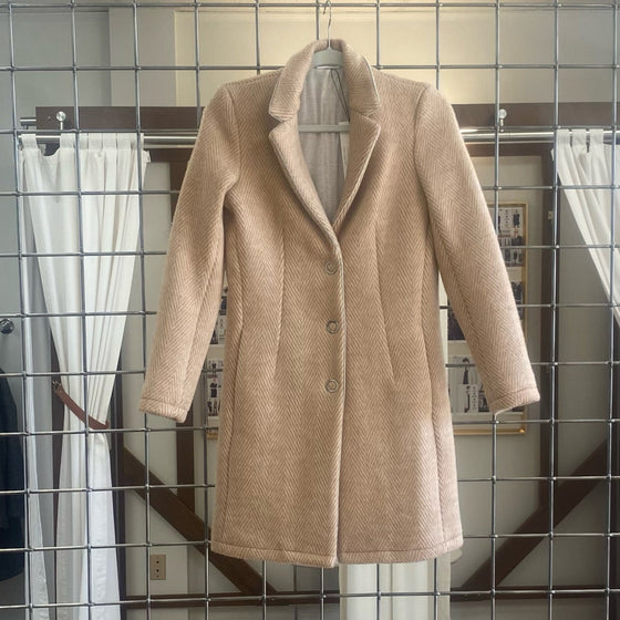 the herringbone blazer by inlarkin in coffee alpaca wool fully lined with oversized silver snaps and functional pockets