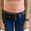 detail image of the inez purse belt in black by inlarkin worn at the waist belted with jeans