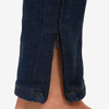 the unreal jean 2.0 by inlarkin dark indigo stretch slimming denim jean pant leg detailing the functioning zipper at inside ankle unzipped