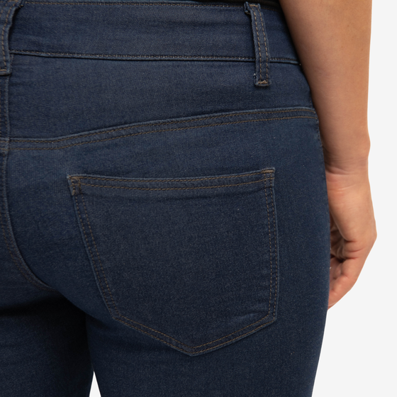 the unreal jean 2.0 by inlarkin dark indigo stretch slimming denim jean, with contour waistband, regular rise and back pocket detail