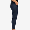 the unreal jean 2.0 by inlarkin dark indigo stretch slimming denim jean, side view with contour waistband, regular rise, front and back pockets and functioning zippers at inside ankle 