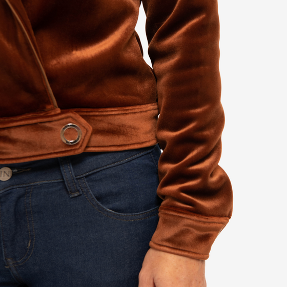 coffee velour jacket with piping details on seam, waistband with snap at center with functional belt closure