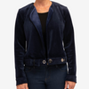 navy velour jacket with piping details on seam, waistband with two snaps at center and functional belt closure, open