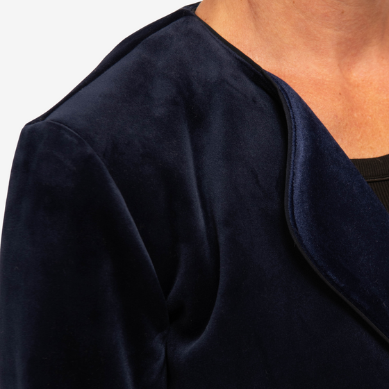 navy velour jacket with piping detail on seam