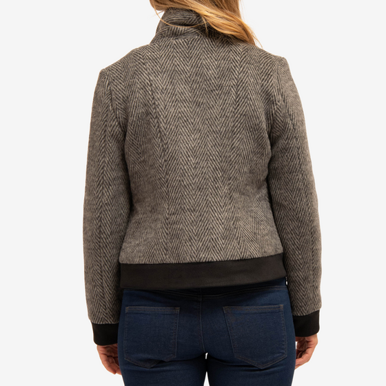 black herringbone wool bomber jacket with heavyweight ribbed sleeve cuffs and waistband, with popped collar