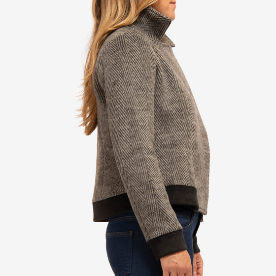 black herringbone wool bomber jacket with heavyweight ribbed sleeve cuffs and waistband, with popped collar